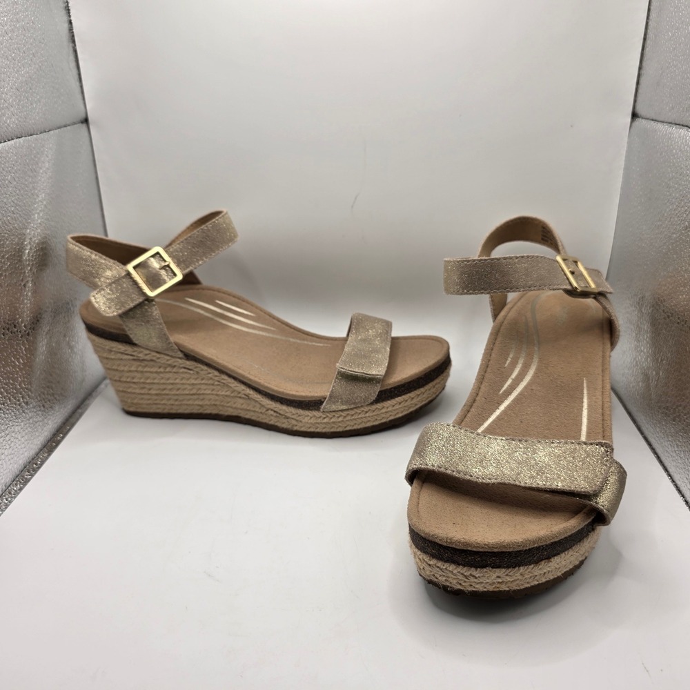 Aetrex Sydney Gold Metallic Leather Espadrille Wedge Sandals Womens 10.5 EW751W